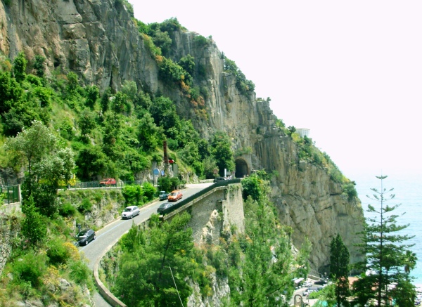 Just outside the tunnel, a fork in this Amalfi Coast road, with good views either way.  Italy, May 2008