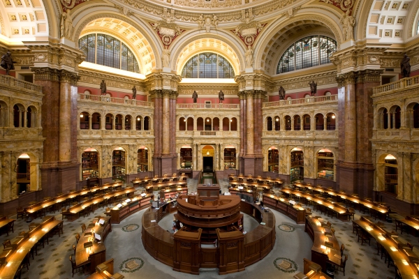 Main reading room, the U. S. Library of Congress, Washington DC Photograph by Carol M. Highsmith, public domain via Wikimedia Commons 